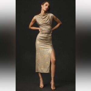 Anthropologie The Maya Ruched Cowl-Neck Dress Dress: Shine Edition in Gold